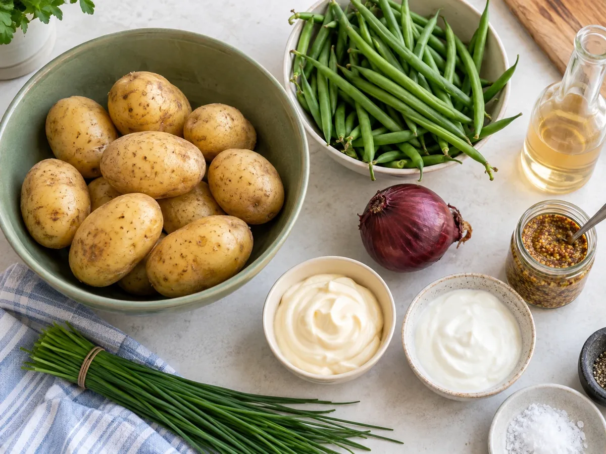 Aardappels, sperziebonen, rode ui, mayonaise, yoghurt en mosterd op een aanrecht