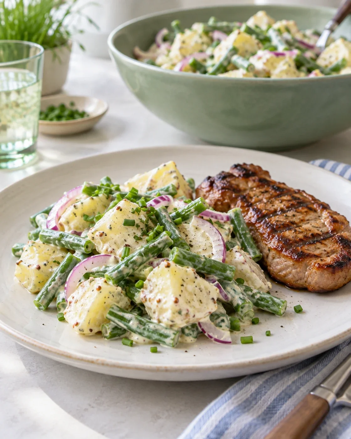 Bord met een schep aardappelsalade met sperziebonen naast een stuk vlees