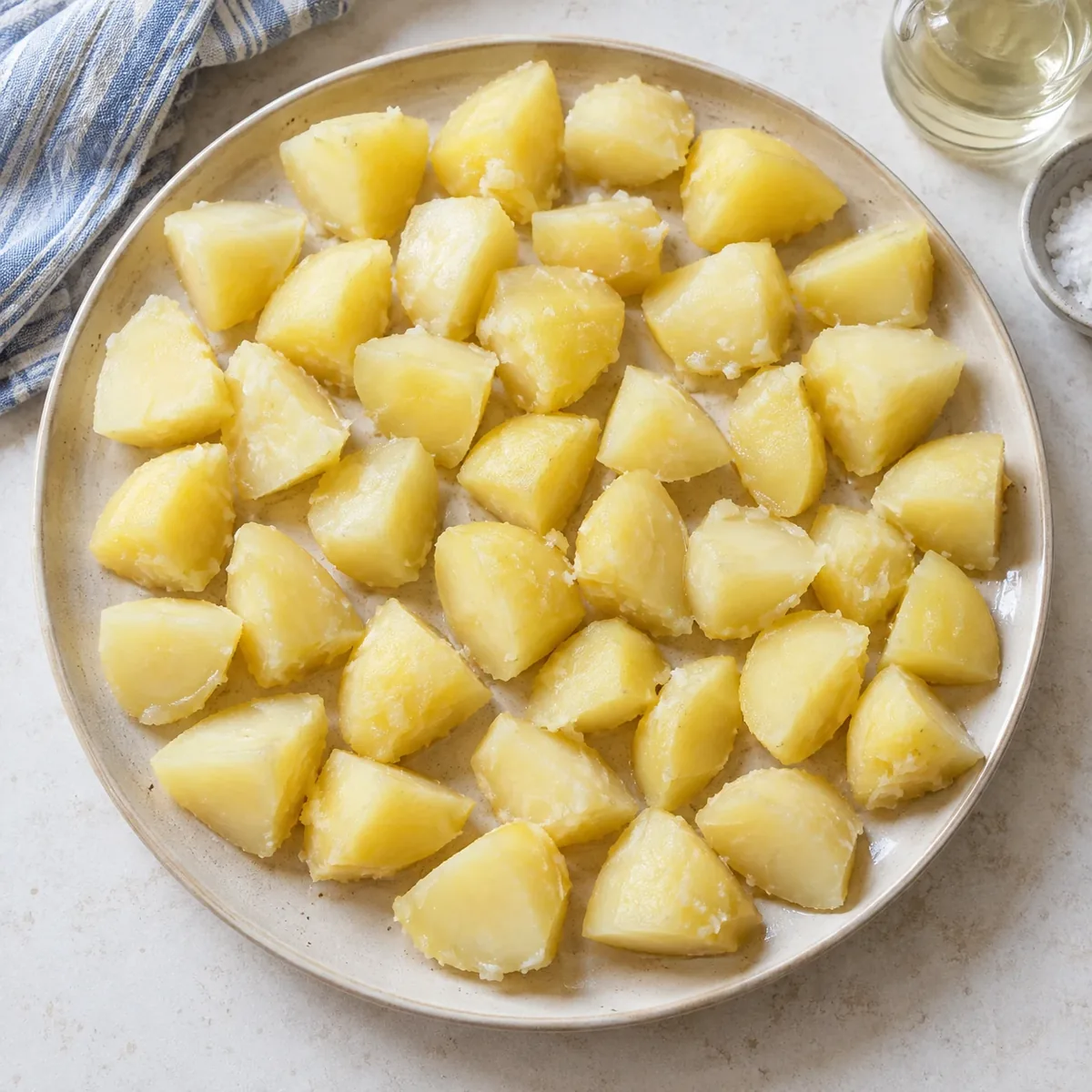 Warme aardappelstukken liggen in één laag uitgespreid op een platte schaal
