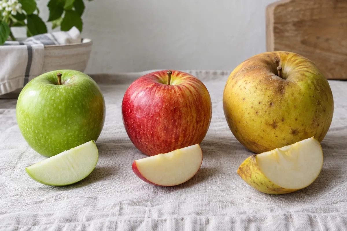 Drie appelsoorten naast elkaar met partjes ervoor