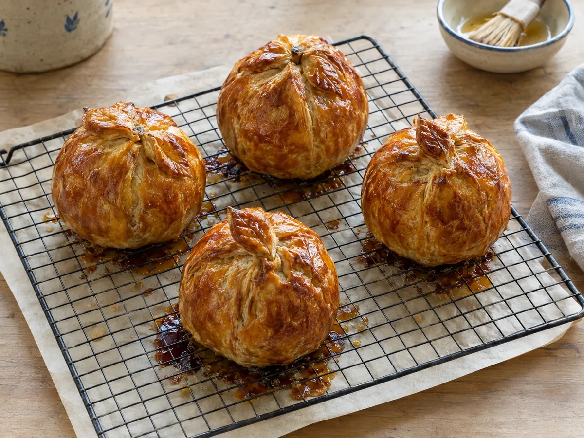 Vier goudbruine appelbollen van bladerdeeg op een rooster