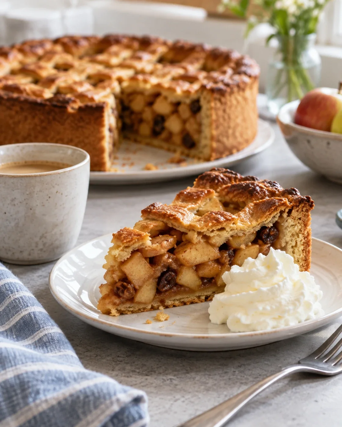 Punt appeltaart met slagroom bij een kop koffie