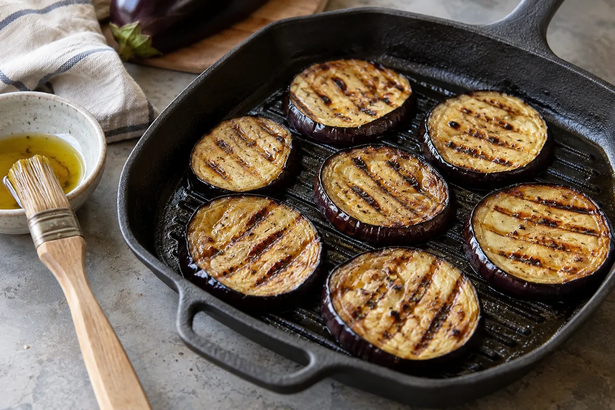 Aubergineplakken met grillstrepen op een grillpan
