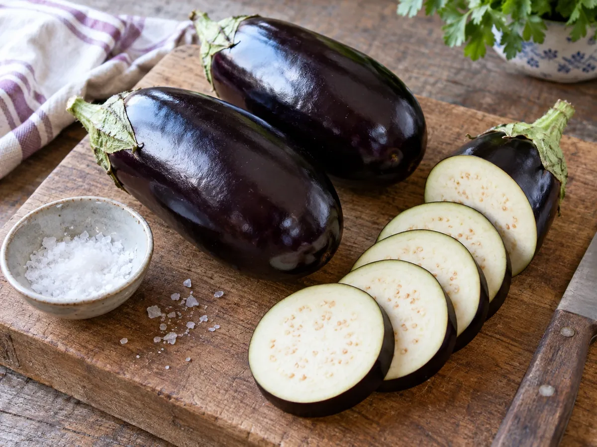 Glanzende aubergines heel en in plakken op een houten plank