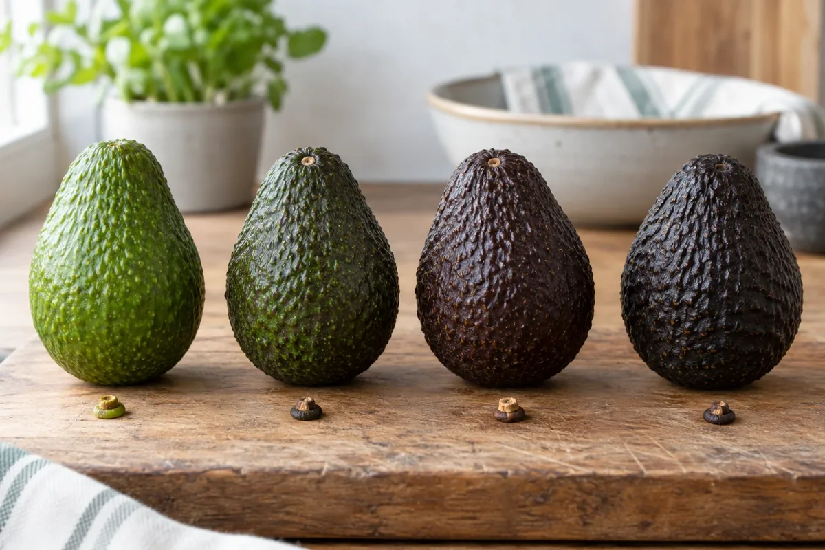 Vier avocado's op een rij van hard en groen tot rijp en bijna zwart
