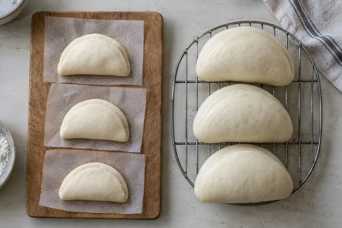 Gevormde bao buns op bakpapier naast dezelfde broodjes na het stomen