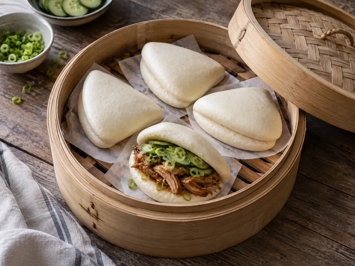 Gestoomde bao buns in een bamboe stoommand, een ervan gevuld