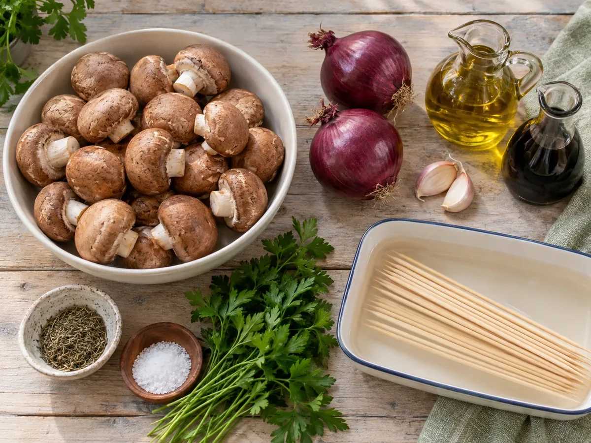 Kastanjechampignons, rode uien, knoflook, olijfolie en houten spiesen op een aanrecht