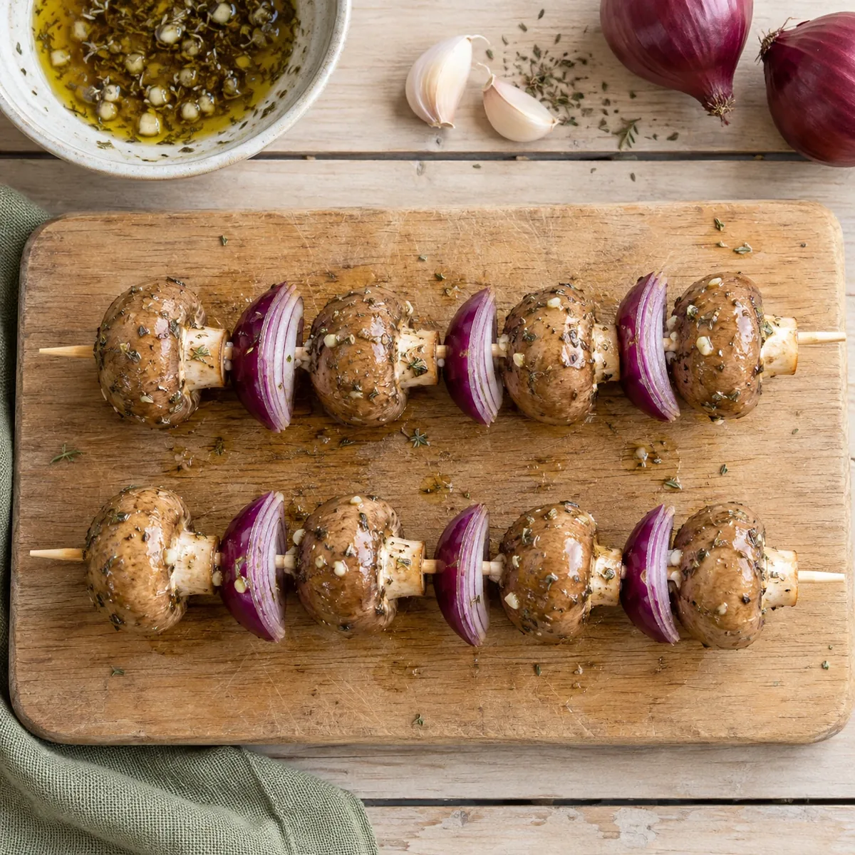 Champignons met ruimte ertussen aan een spies geregen, om en om met rode ui