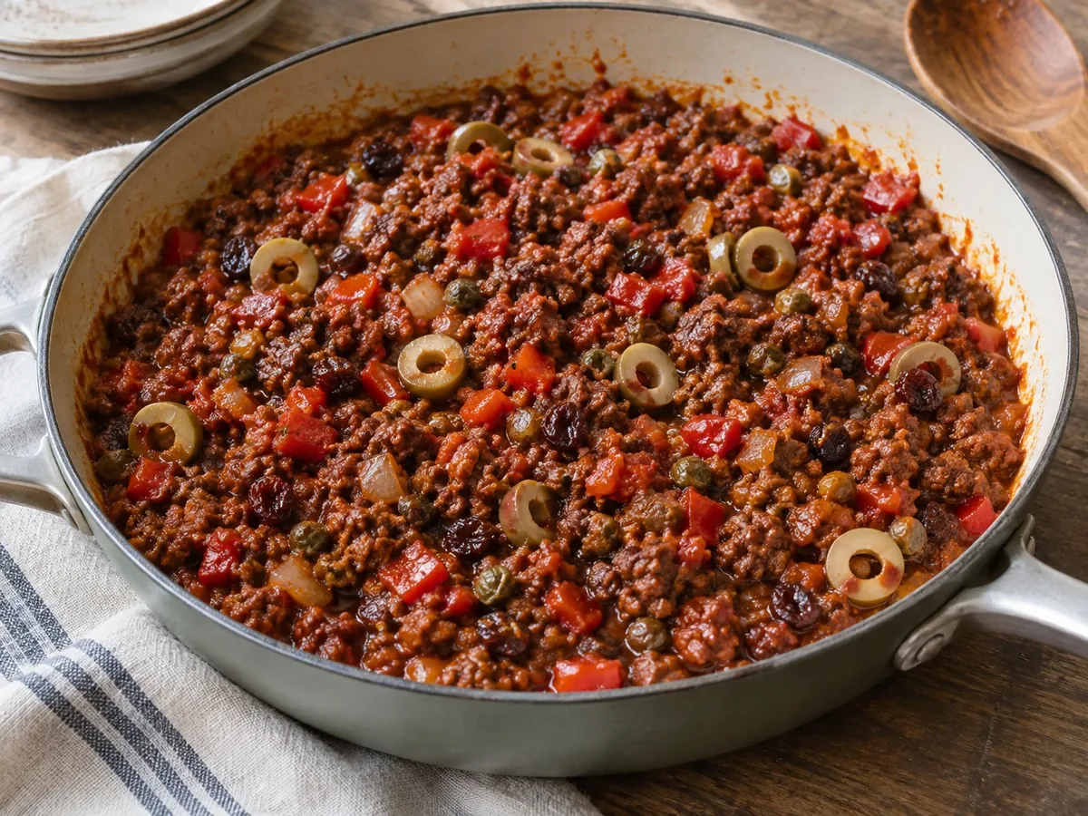 Hapjespan met picadillo van rundergehakt met tomaat, groene olijven en rozijnen