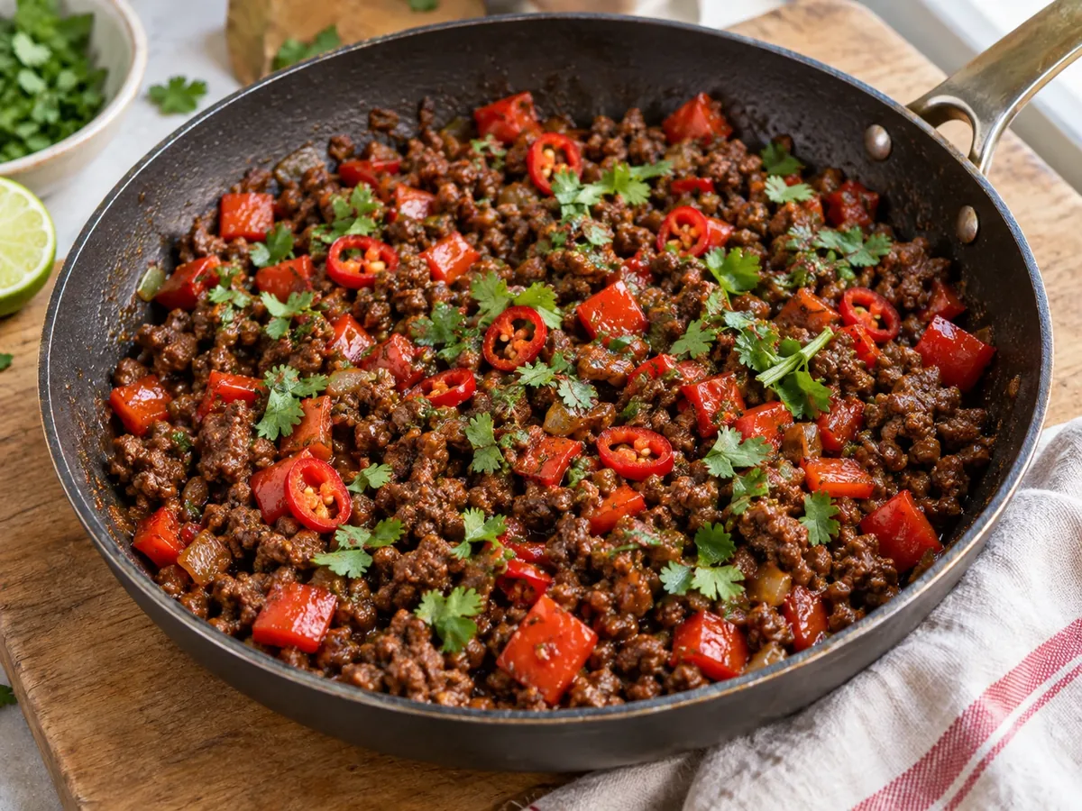 Koekenpan met rul gebakken pittig gehakt, rode peper en paprika