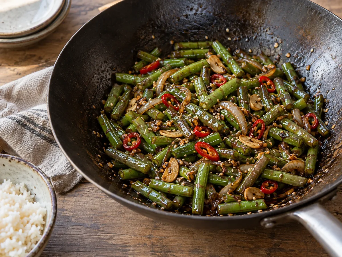 Wok met sperziebonen in een donkere ketjapsaus met rode pepers en sesamzaad