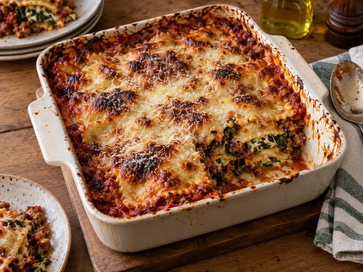 Ovenschaal met ravioli lasagne onder goudbruin gesmolten mozzarella