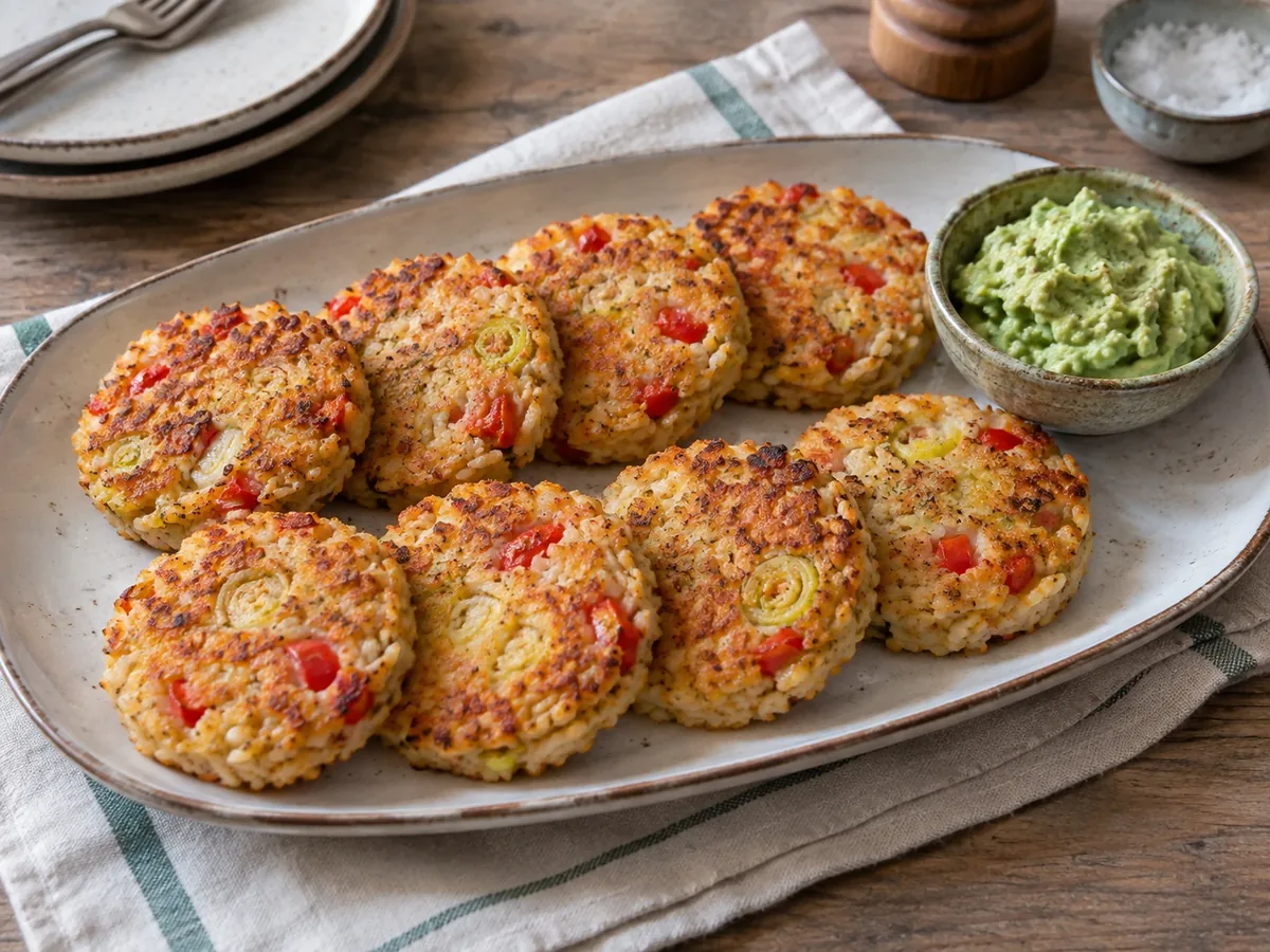 Stapel goudbruine rijstkoekjes met stukjes paprika en prei op een schaal