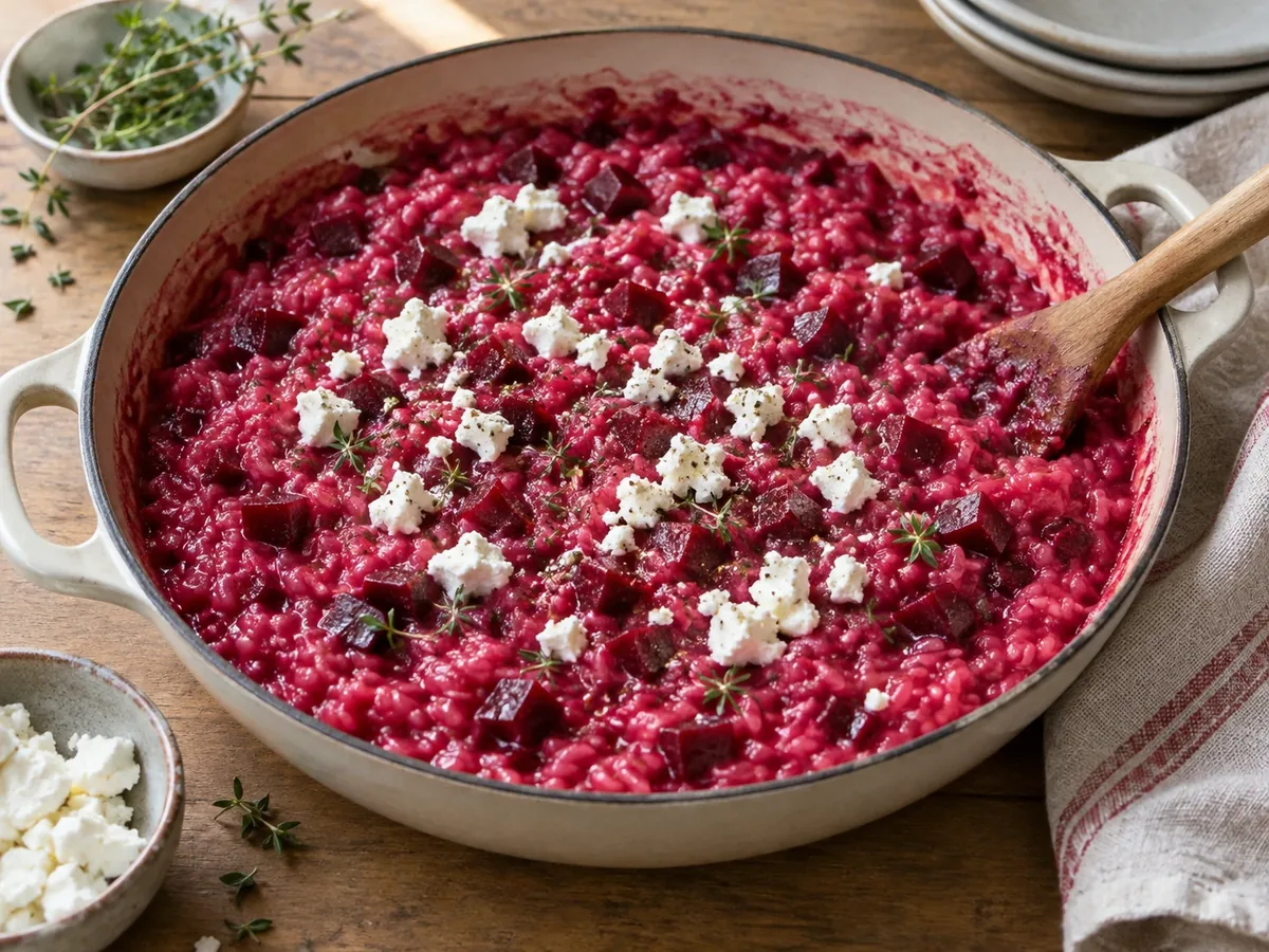 Pan met dieproze bietenrisotto, verkruimelde geitenkaas en tijm