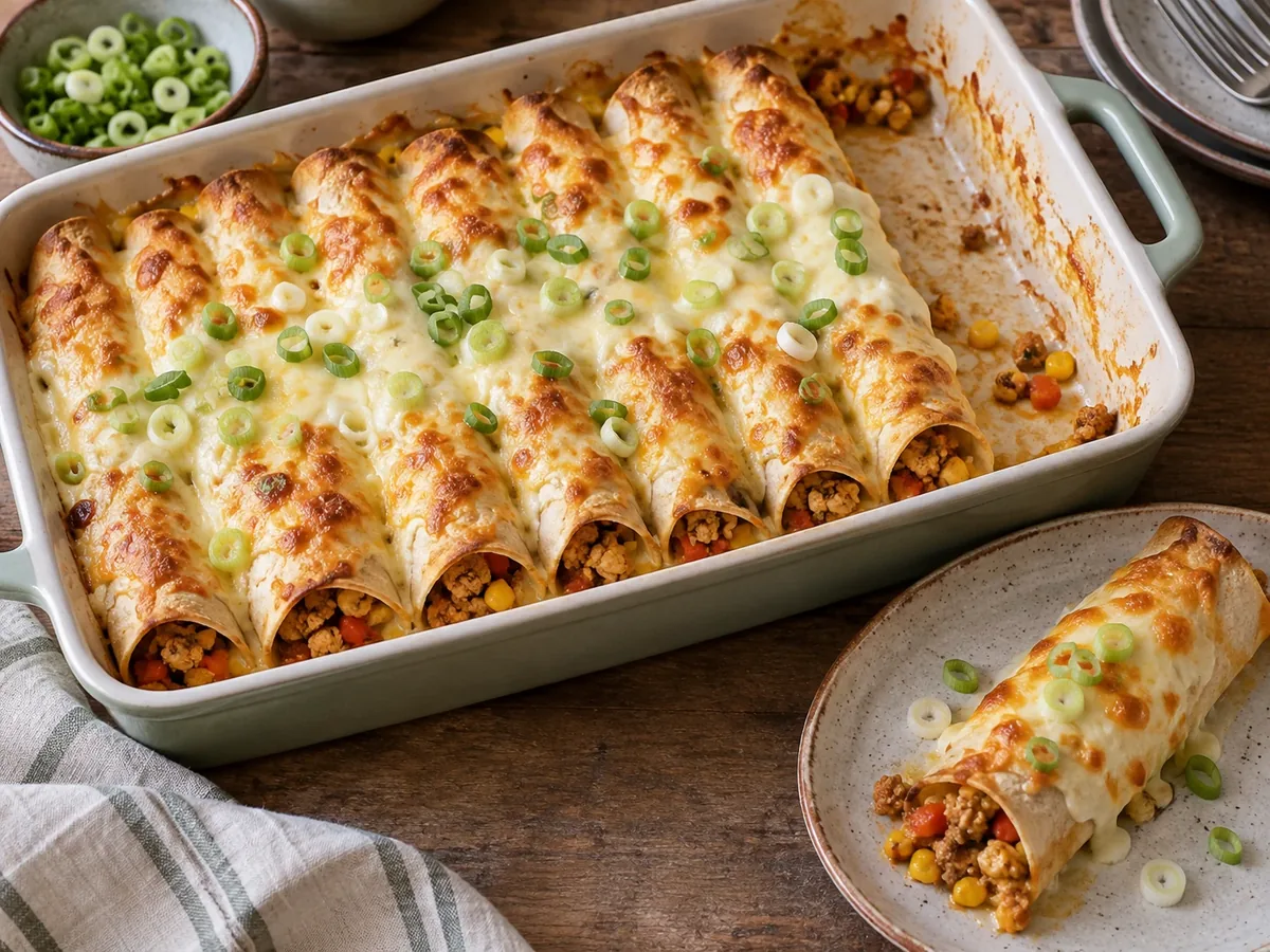 Ovenschaal romige enchilada's met gesmolten kaas en bosui