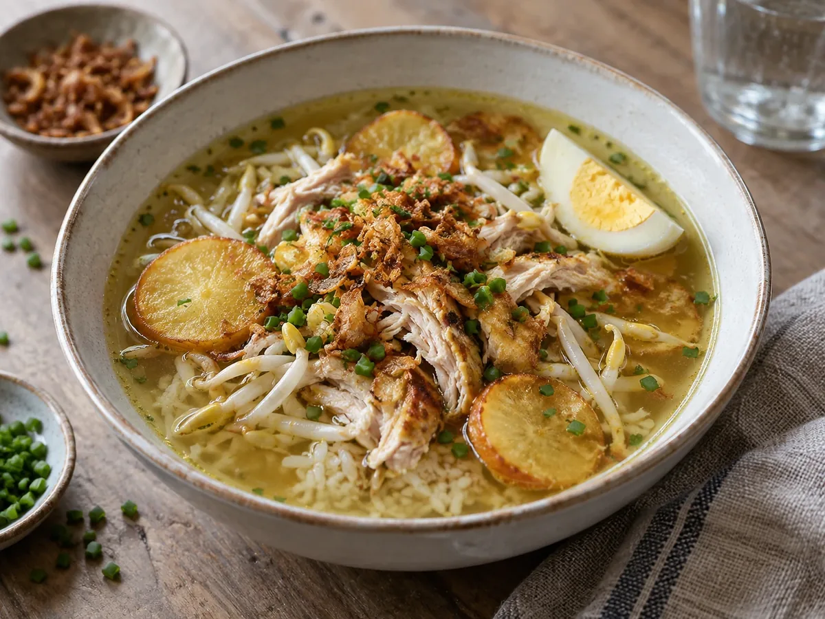 Kom saotosoep met heldere bouillon, rijst, taugé, ei en gebakken aardappel