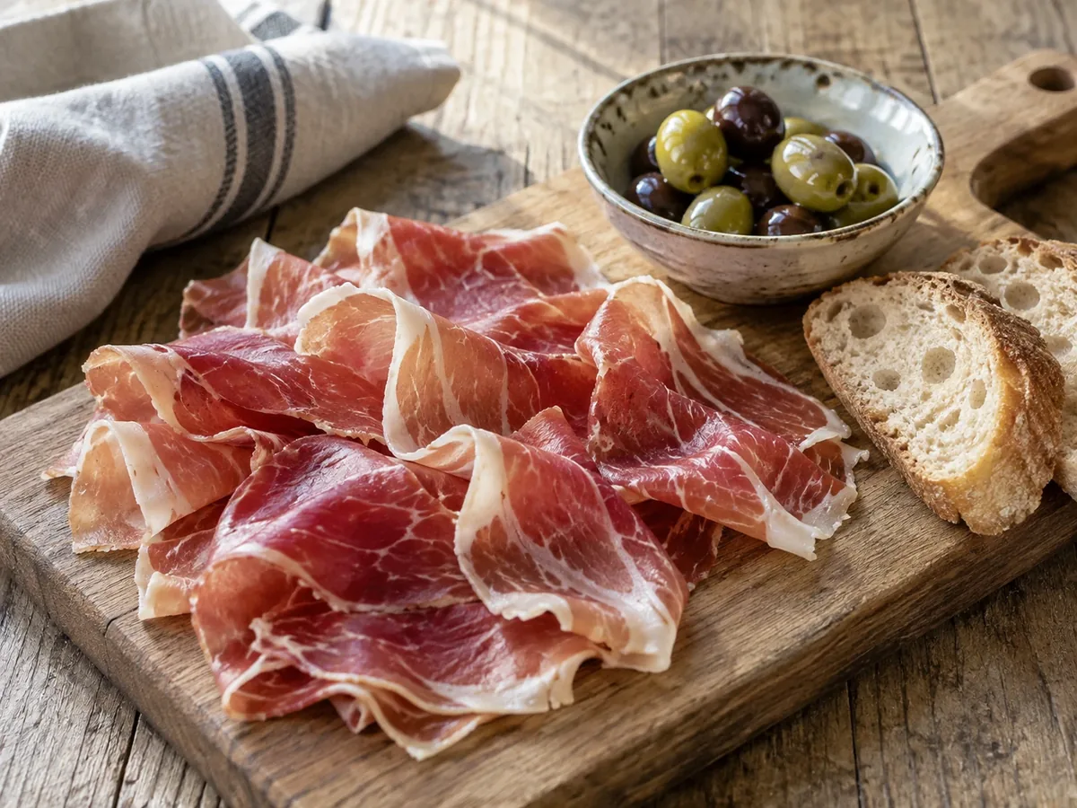 Dunne plakken serranoham losjes opgeplooid op een houten plank met olijven en brood