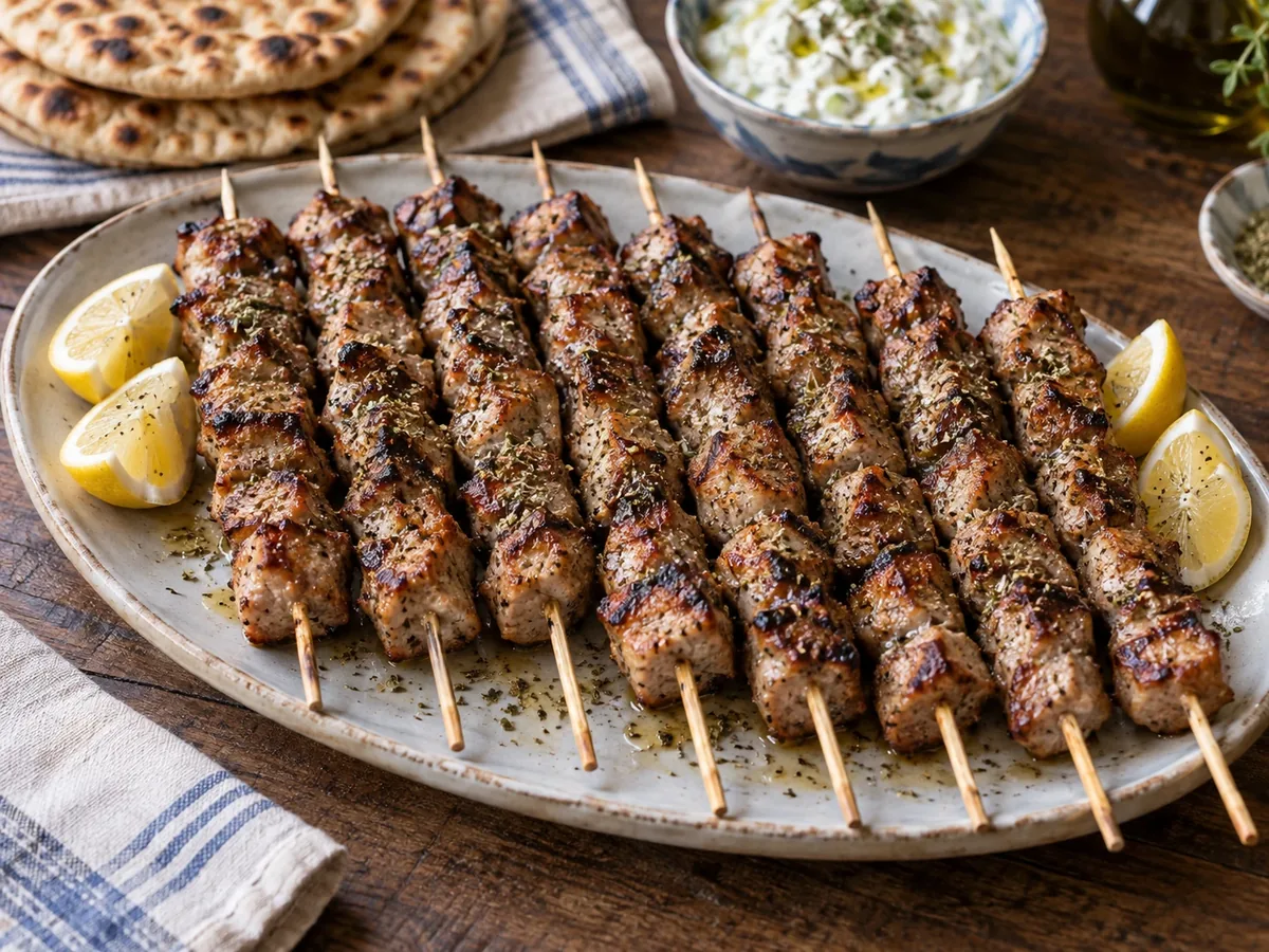 Gegrilde souvlaki-spiesen met geroosterde randen op een schaal met citroen