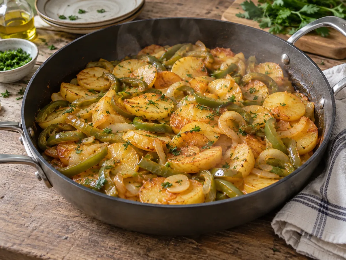 Hapjespan met zachte plakken aardappel, groene paprika en ui, bestrooid met paprikapoeder en peterselie