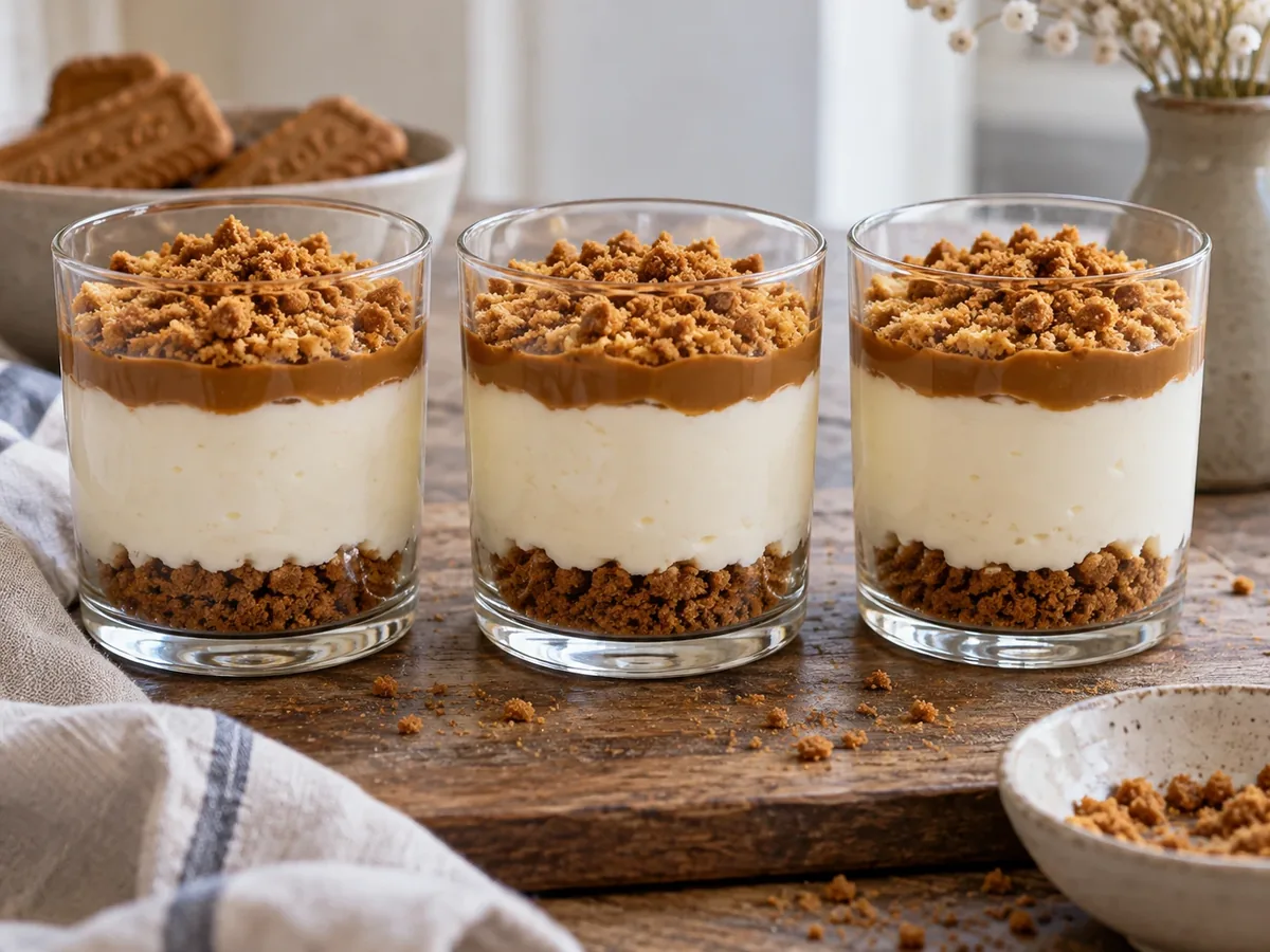 Drie glaasjes met laagjes koekkruim, witte crème en speculaaspasta