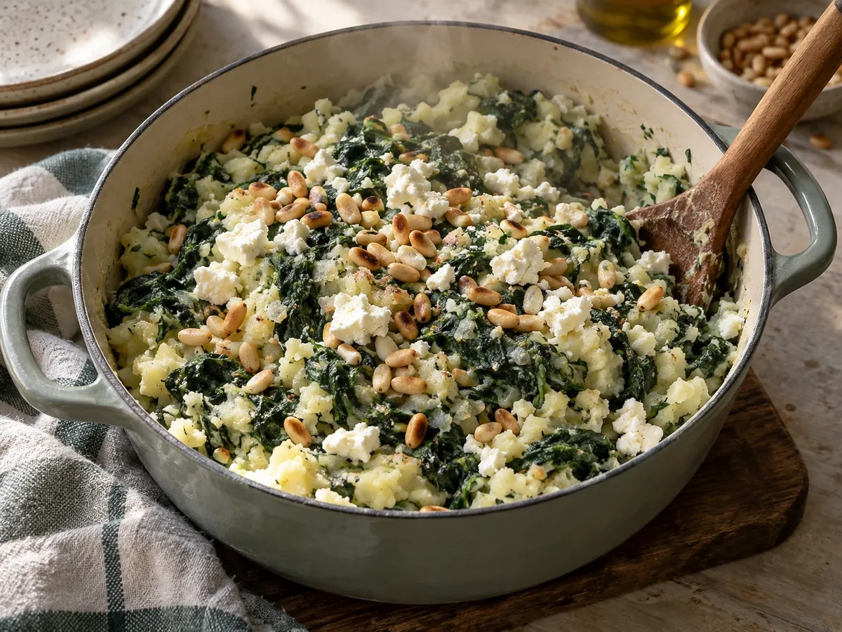 Pan met spinaziestamppot met stukjes feta en geroosterde pijnboompitten erover
