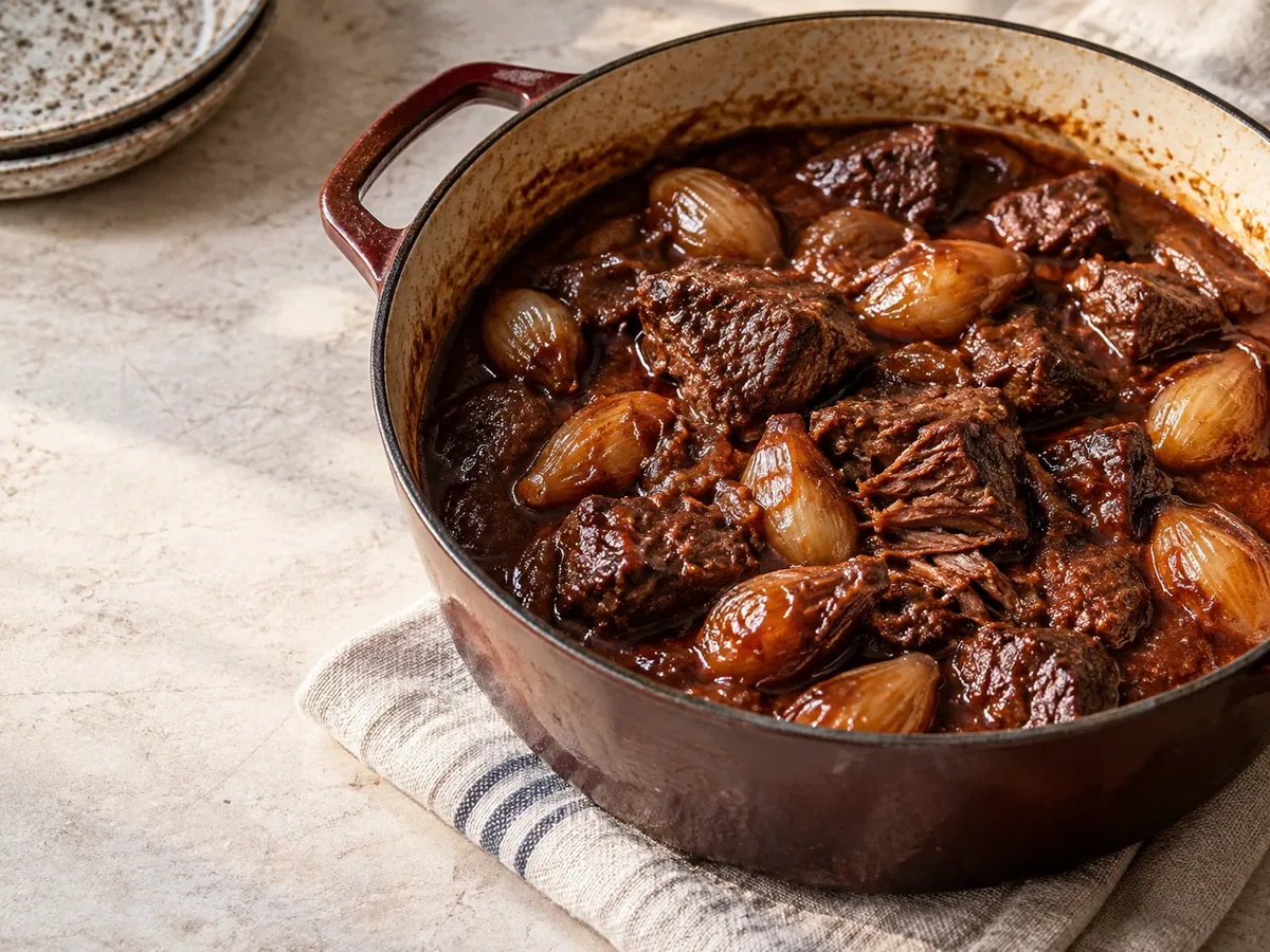 Braadpan met stifado van rundvlees en hele kleine uitjes in donkere saus