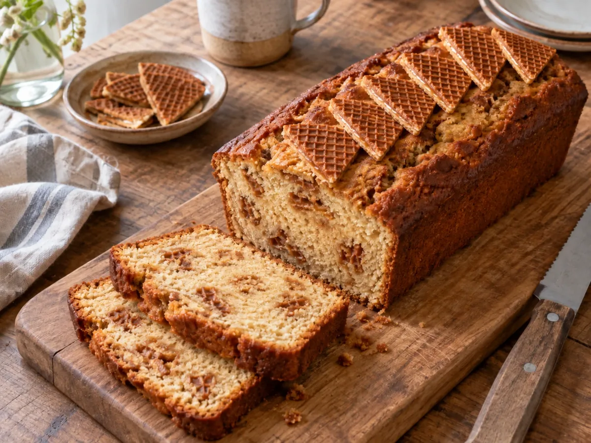Stroopwafelcake met punten stroopwafel op de korst, half aangesneden