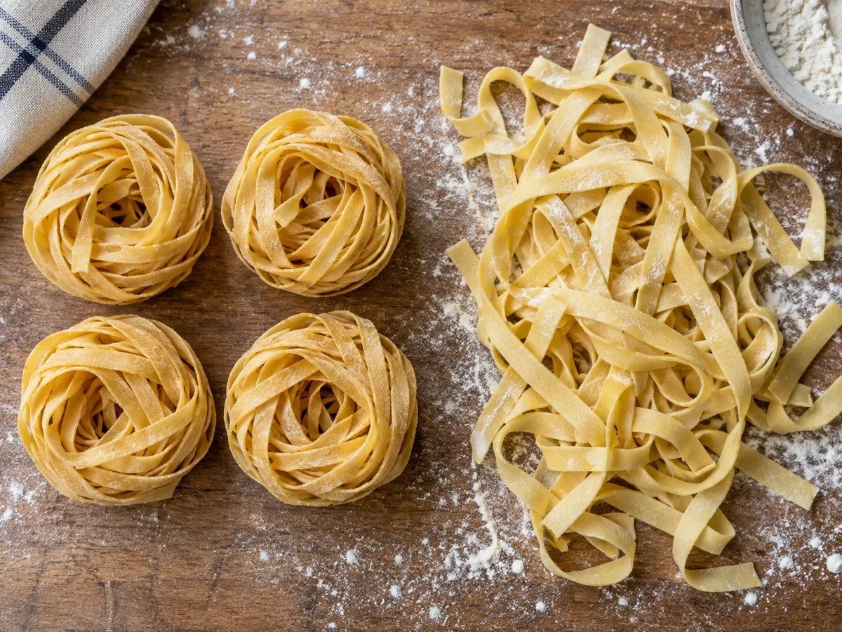 Nestjes droge tagliatelle naast losse verse linten op een plank met bloem