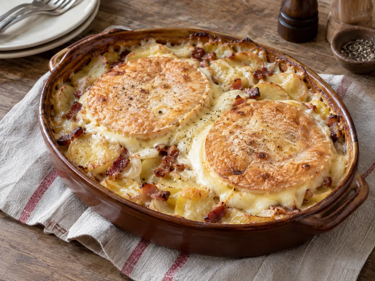 Ovenschaal met tartiflette met goudbruin gebakken kaaskorst