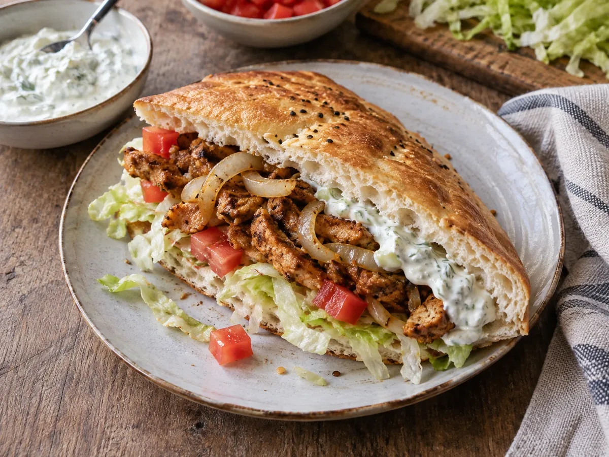 Gevuld stuk Turks brood met kipshoarma, sla, tomaat en tzatziki