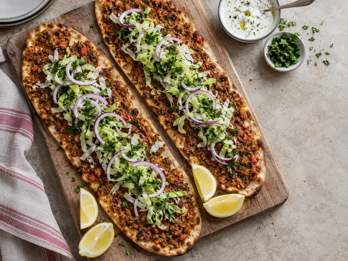 Twee Turkse pizza's met kip en gehakt, belegd met sla, rode ui en peterselie