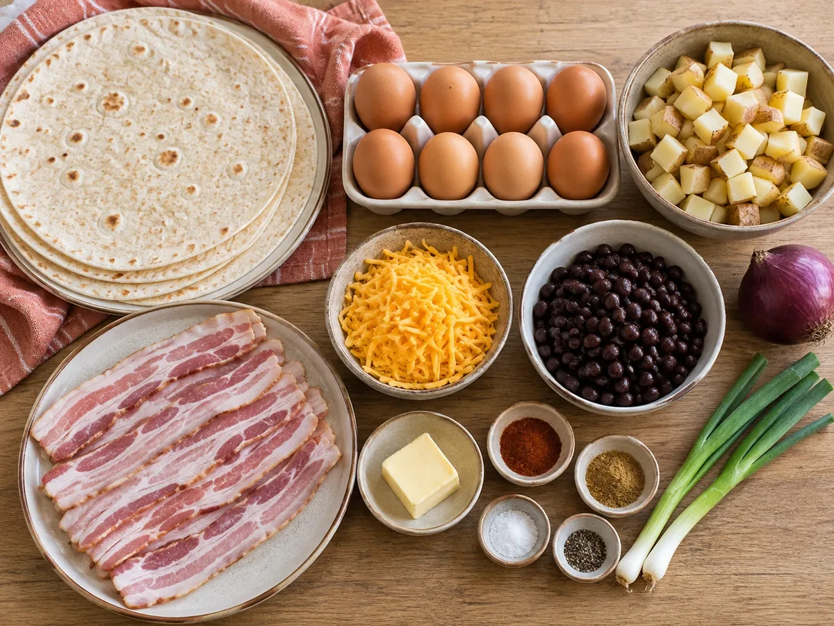 Grote wraps, eieren, ontbijtspek, aardappel, zwarte bonen en geraspte kaas op een aanrecht