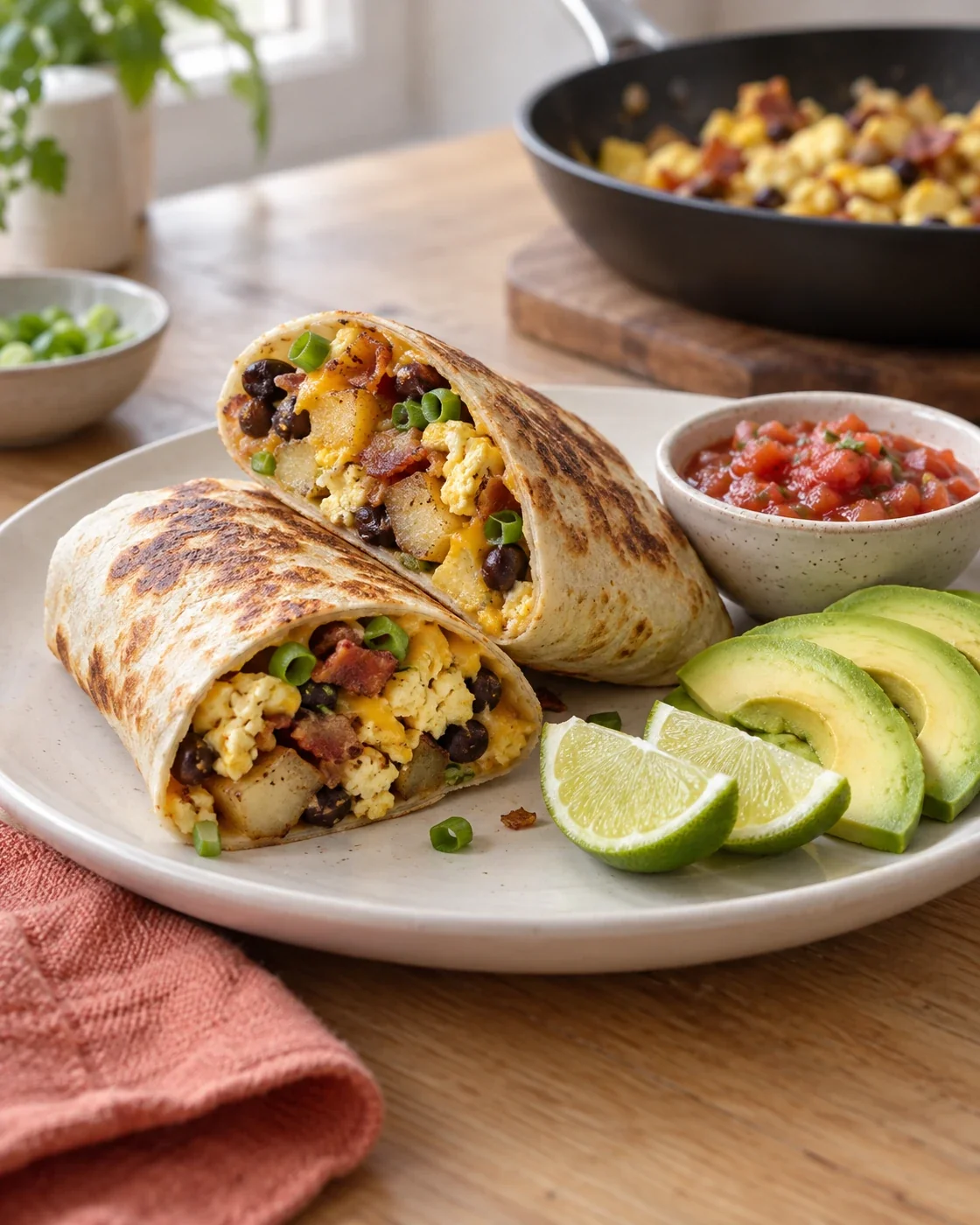 Bord met twee burritohelften, salsa en partjes limoen
