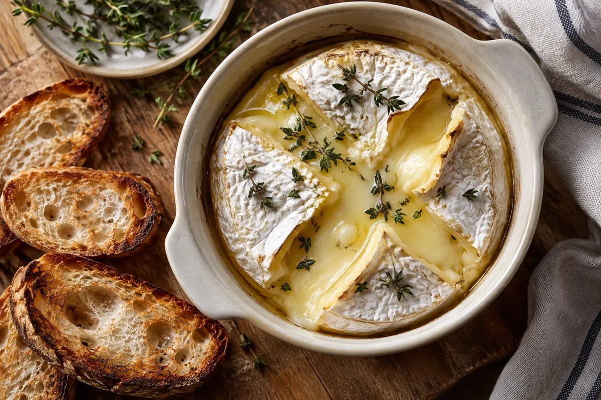 Brie uit de oven in een ovenschaal, kruislings ingesneden en opengelopen