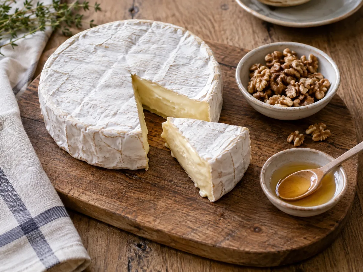Hele brie met een punt eruit gesneden, met walnoten en honing ernaast