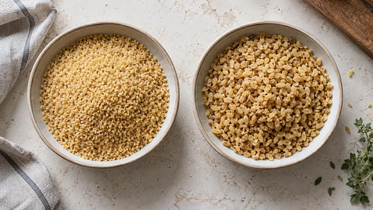 Fijne en grove bulgur naast elkaar in schaaltjes