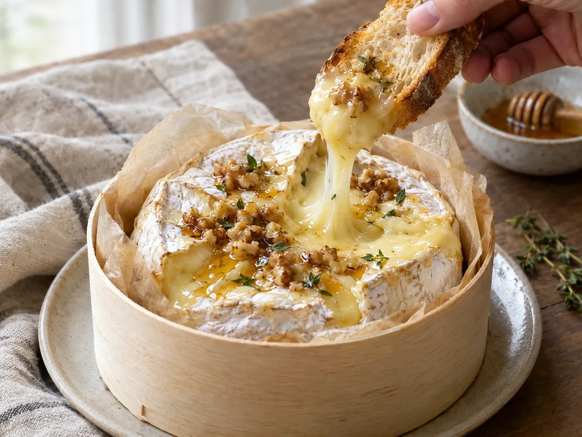 Opengeslagen warme camembert met honing en walnoten, brood dipt erin