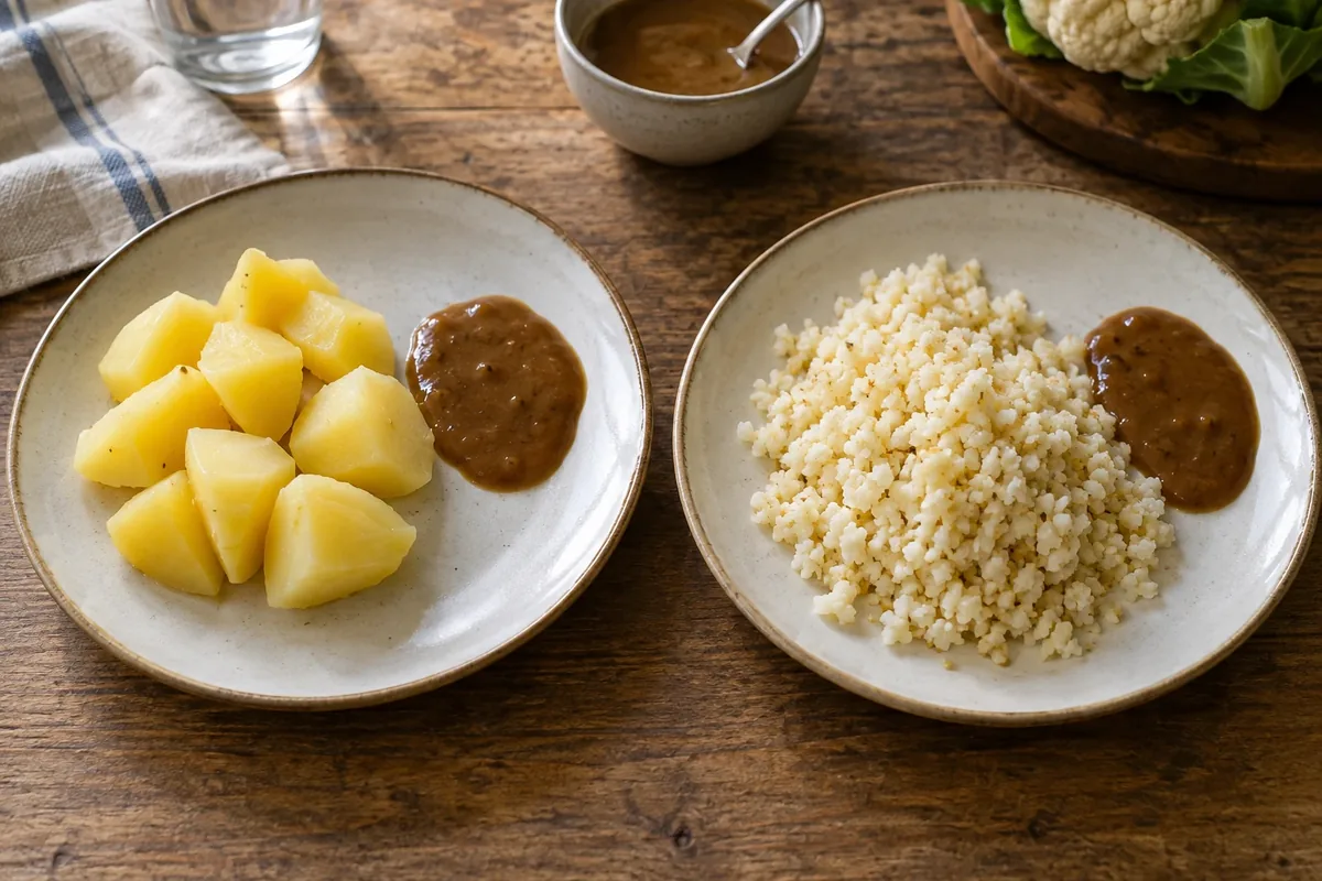 Een bord met gekookte aardappel naast een bord met een portie bloemkoolrijst, beide met wat saus