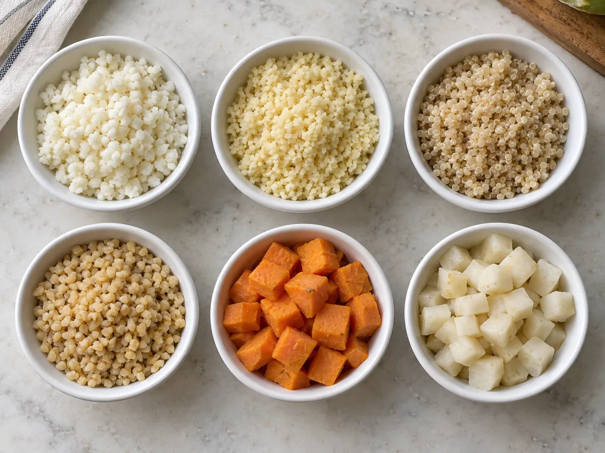 Zes schaaltjes met bloemkoolrijst, couscous, quinoa, bulgur, zoete aardappel en knolselderij