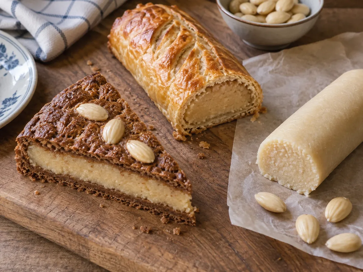 Aangesneden gevulde speculaas met een dikke laag amandelspijs naast een rol spijs