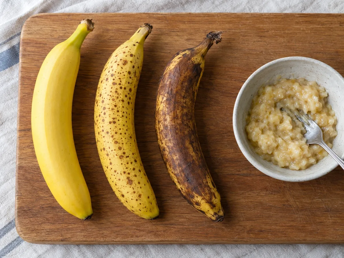Drie bananen in verschillende rijpheid naast een kom geprakte banaan