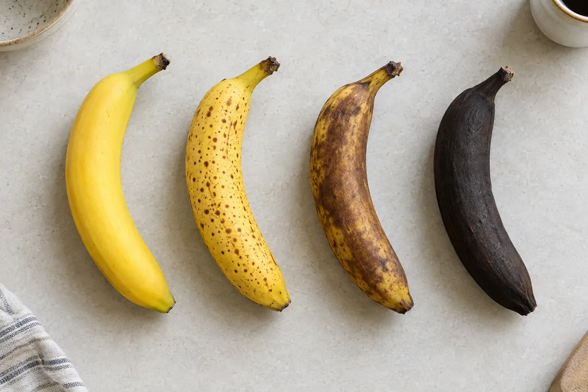Vier bananen naast elkaar van geel tot helemaal zwart