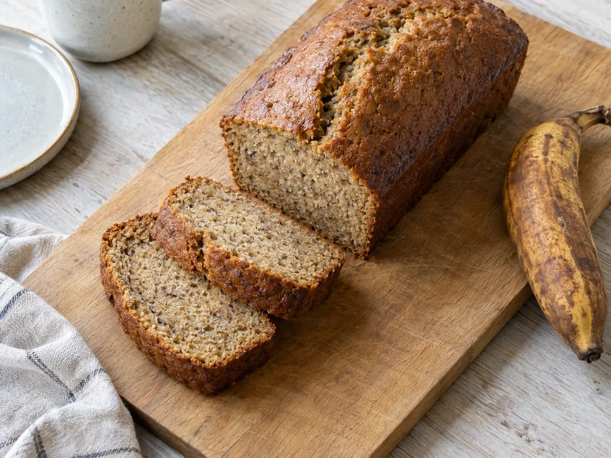 Een aangesneden bananenbrood op een plank met twee dikke plakken ernaast