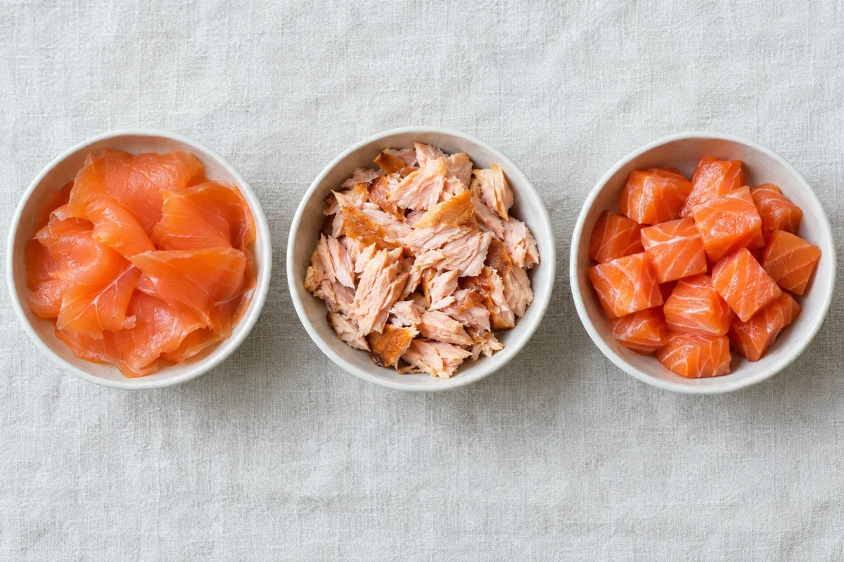 Drie soorten zalm naast elkaar: plakken gerookte zalm, brokjes warmgerookte zalm en rauwe blokjes zalmfilet