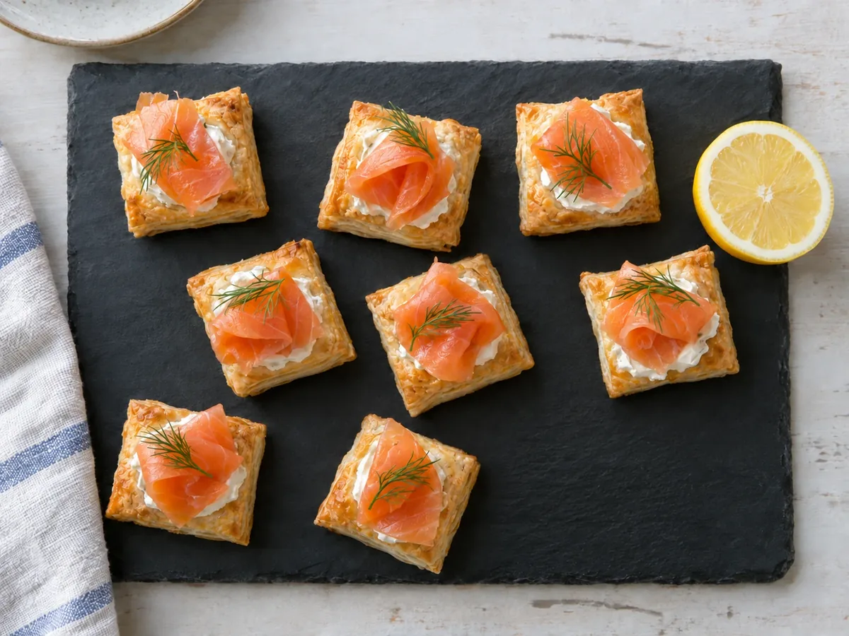 Vierkante bladerdeeghapjes met roomkaas, gerookte zalm en dille op een leisteen plank