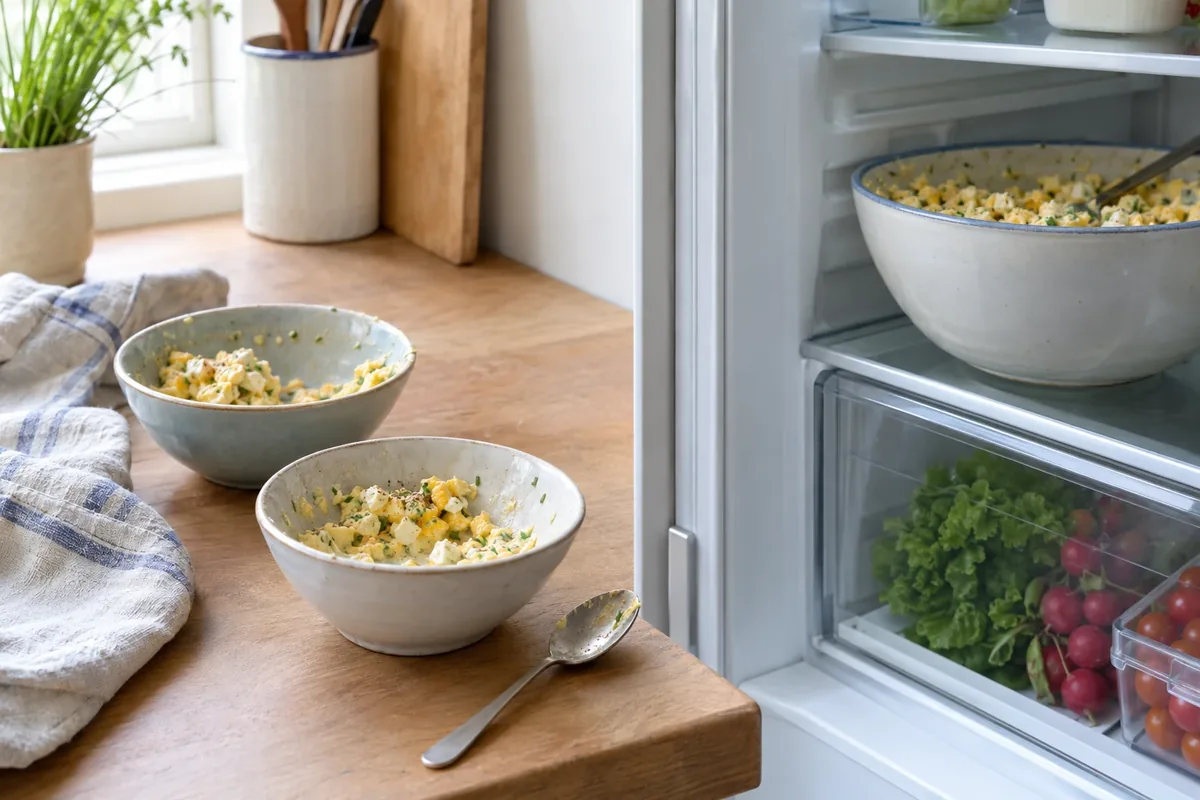 Twee kleine schalen met eiersalade naast een grote volle schaal in de koelkast
