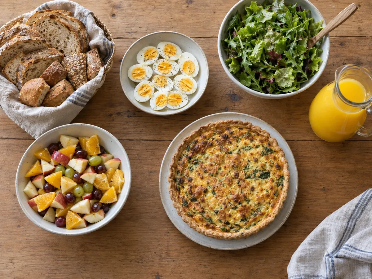 Gedekte brunchtafel met brood, gekookte eieren, salade, fruit en een hartige taart