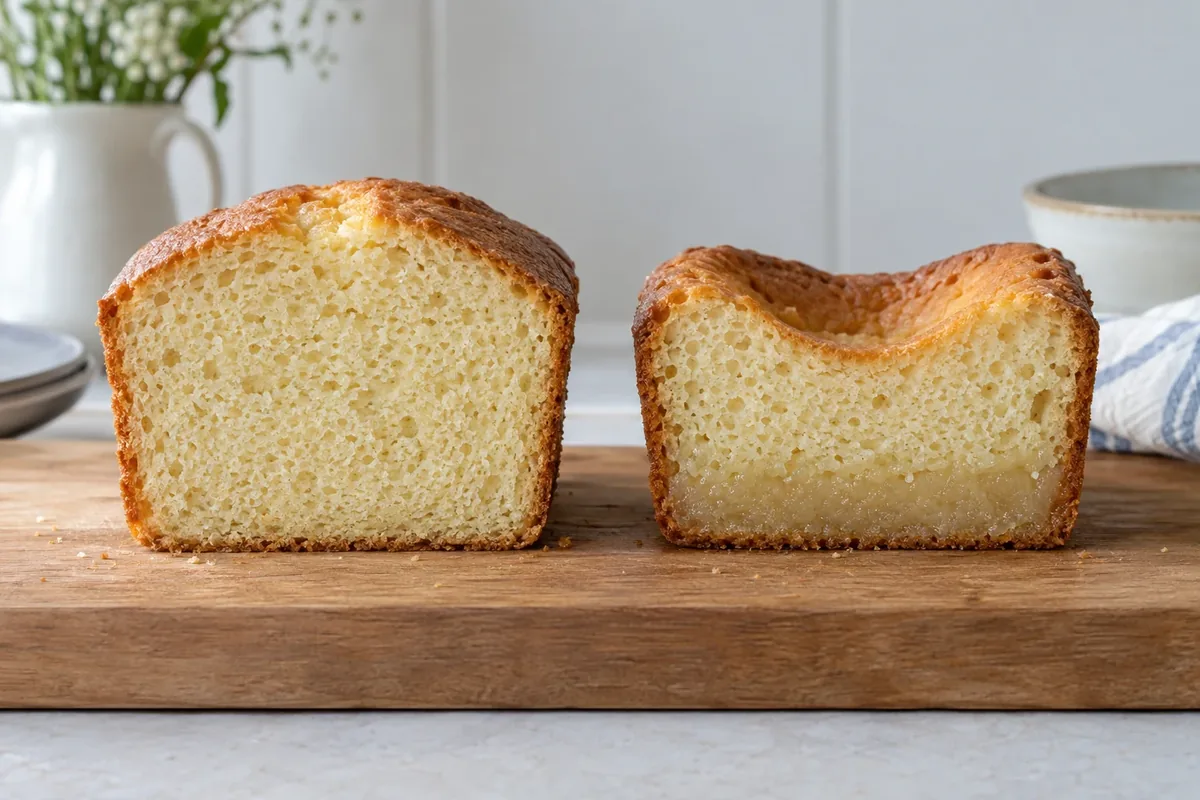 Twee doorgesneden cakes naast elkaar, de ene luchtig en de andere ingezakt