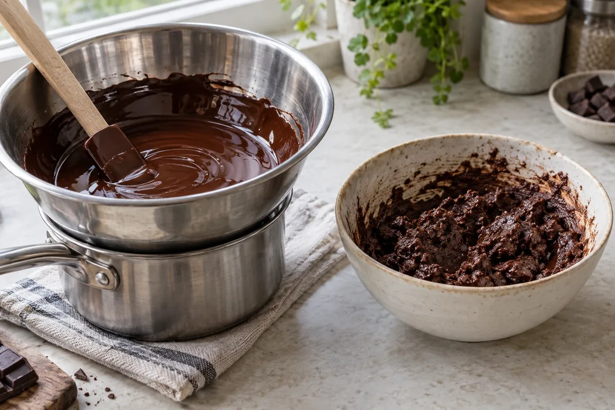 Een kom chocolade op een pan met water, naast een kom geschifte chocolade